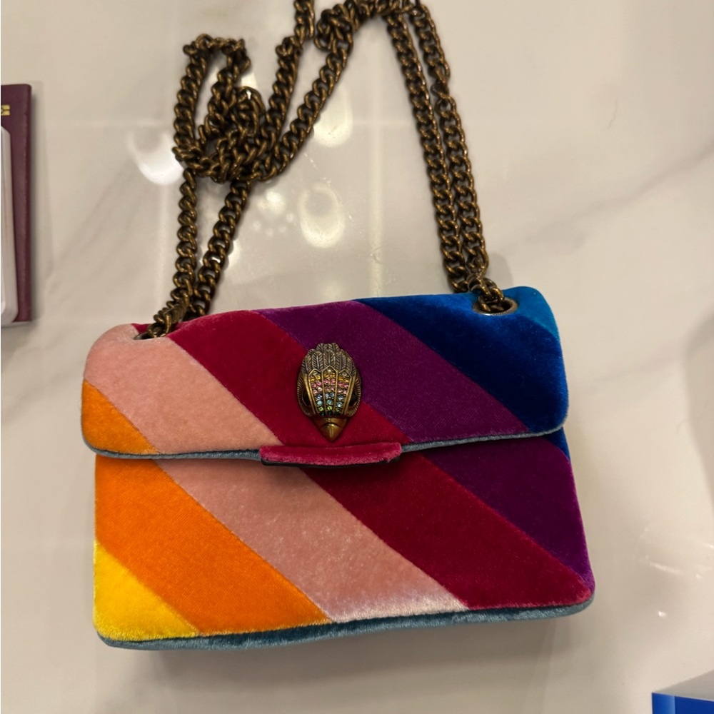 Kurt Geiger Rainbow Velvet Diagonal Stripe Shoulder Bag with Antique-Gold Clasp